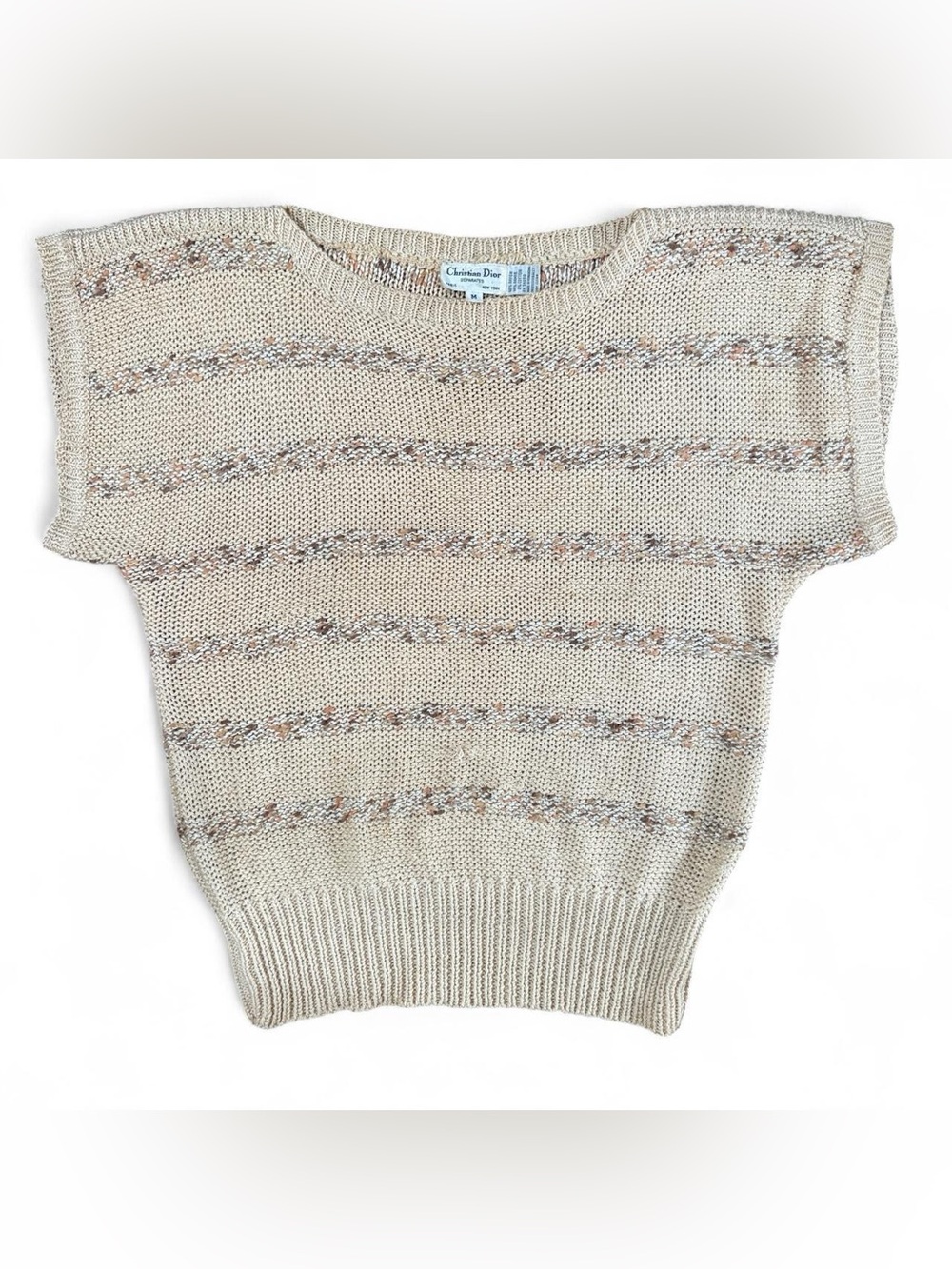 Vintage Dior Cream Knit Short-Sleeve Sweater with Subtle Multicolor Threading